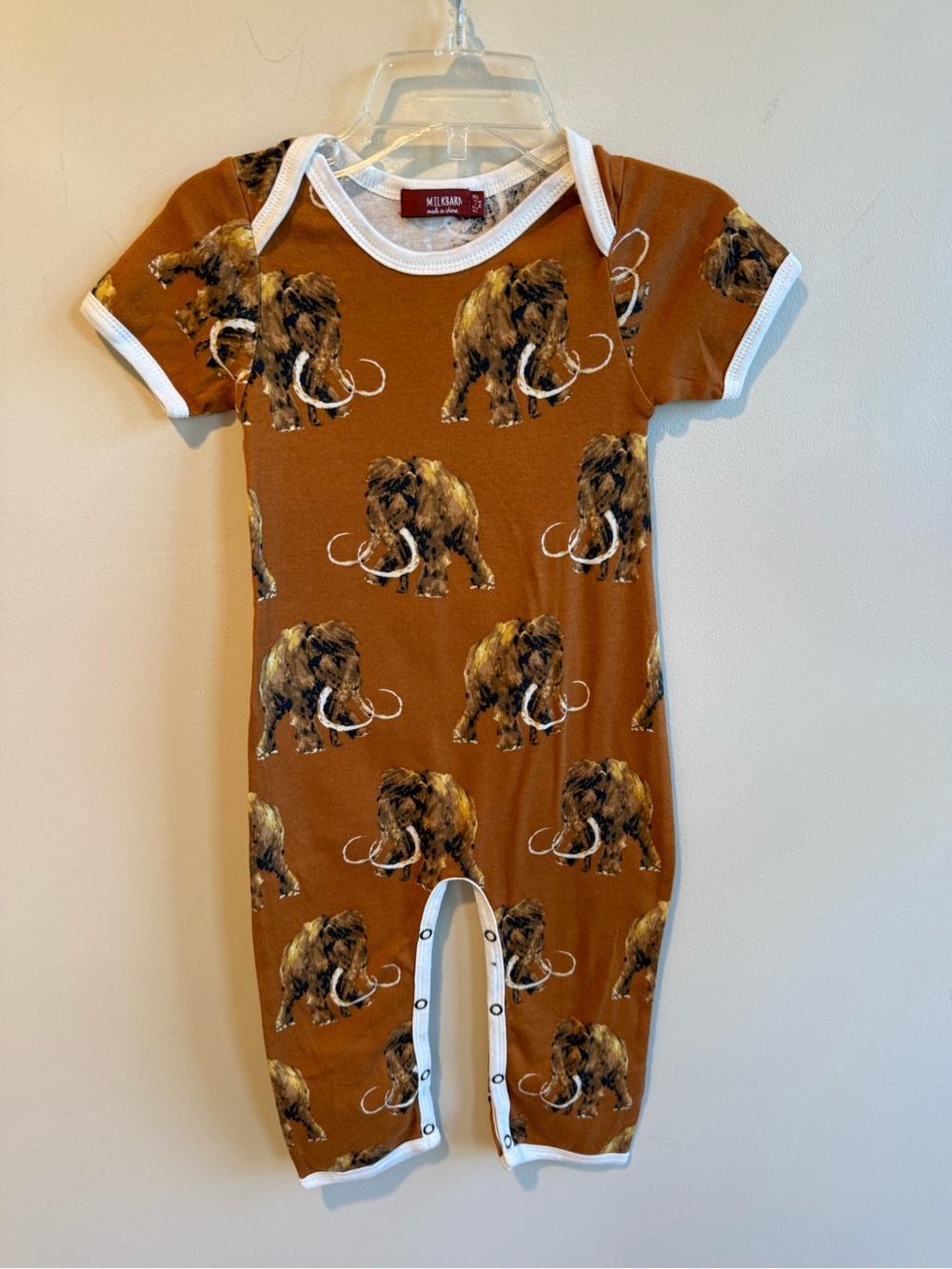 Milkbarn Brown Wooly Mammoth One Piece Short Sleeve Cotton Romper, 12 -18 month
